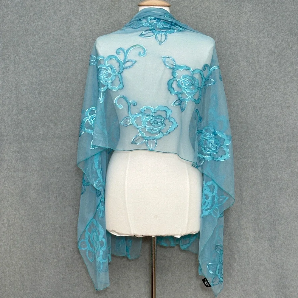 Tosca Blu Aqua Blue Floral Sequin Mesh Evening Wrap Shawl Scarf Evening Wedding